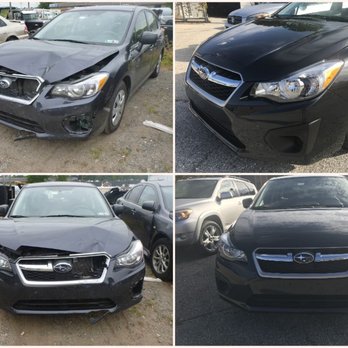 Before and after collision repair comparison on a Subaru Impreza